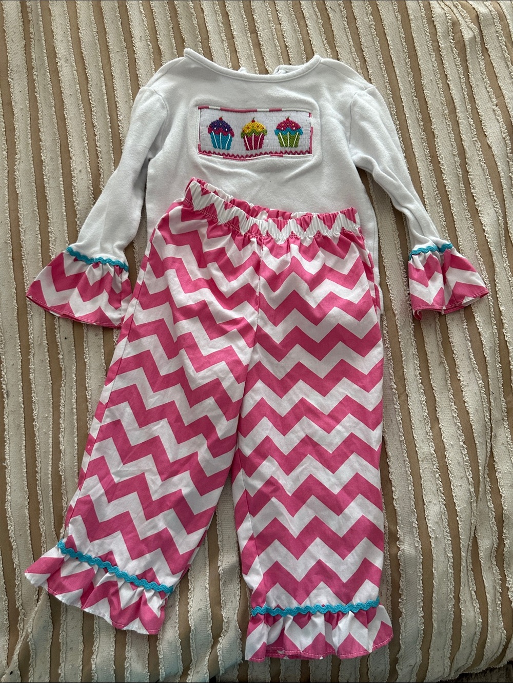 Girls Pink Chevron Pajama Set with Cupcake Motif